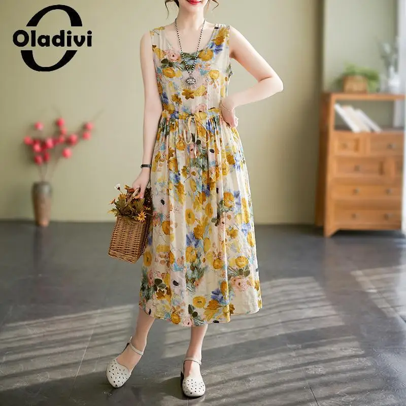 

Oladivi модное женское платье миди с коротким рукавом 2023 летние новые повседневные свободные платья из хлопка и льна Женская одежда оверсайз 8725