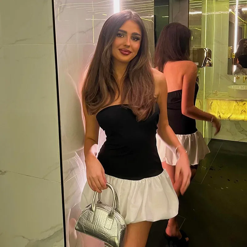 Summer Fashion Ruffled Mini Dress For Women Contrast High Waist Bandeau Patchwork Backless Dress Female Sexy Mini Dress