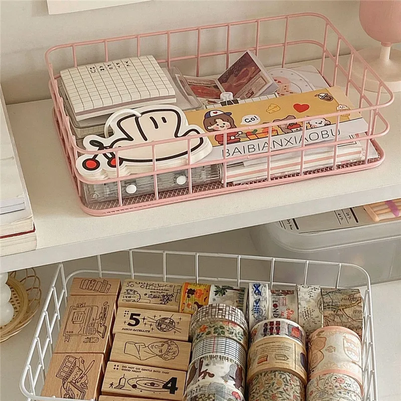 MINKYS INS Nordic Iron Desktop Storage Basket Office Cosmetics Storage Box Dormitory Rack Desk Organizer