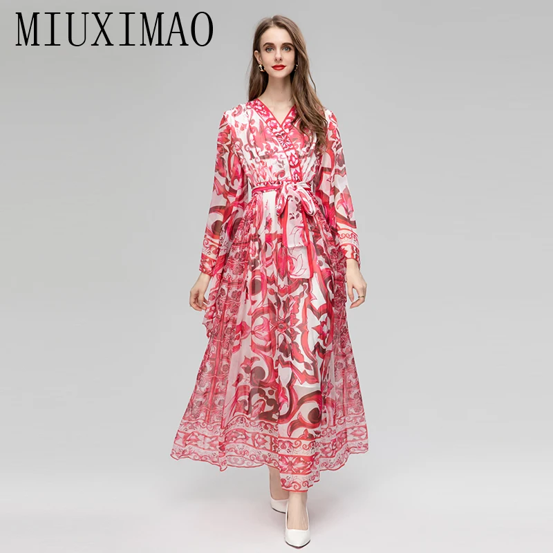 Фото MIUXIMAO 2023 осеннее платье с красным фарфоровым принтом Элегантное повседневное длинное платье с длинным рукавом Женские платья шифоновые пляжные платья с поясом №3