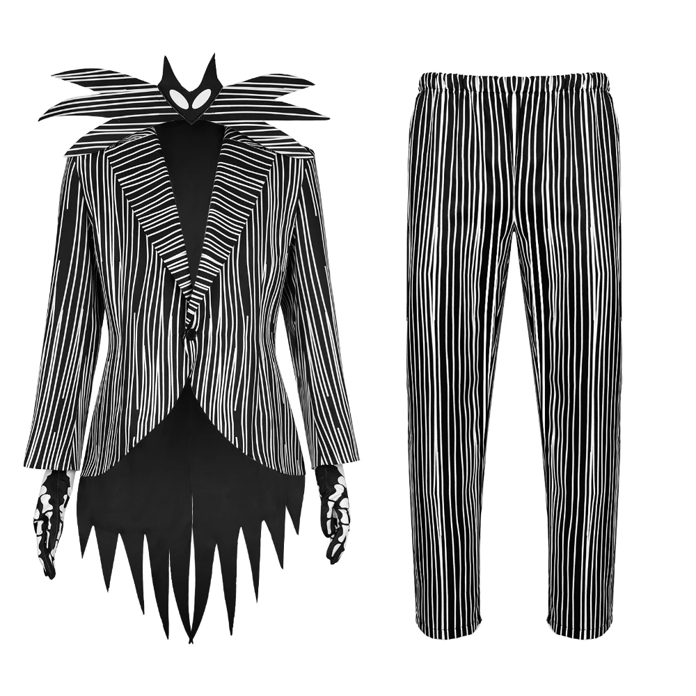 

Movie Nightmare Jack Cosplay Costume Christmas Horror Skelling Stripe Black Uniform Skeleton Outfit Halloween Carnival Party