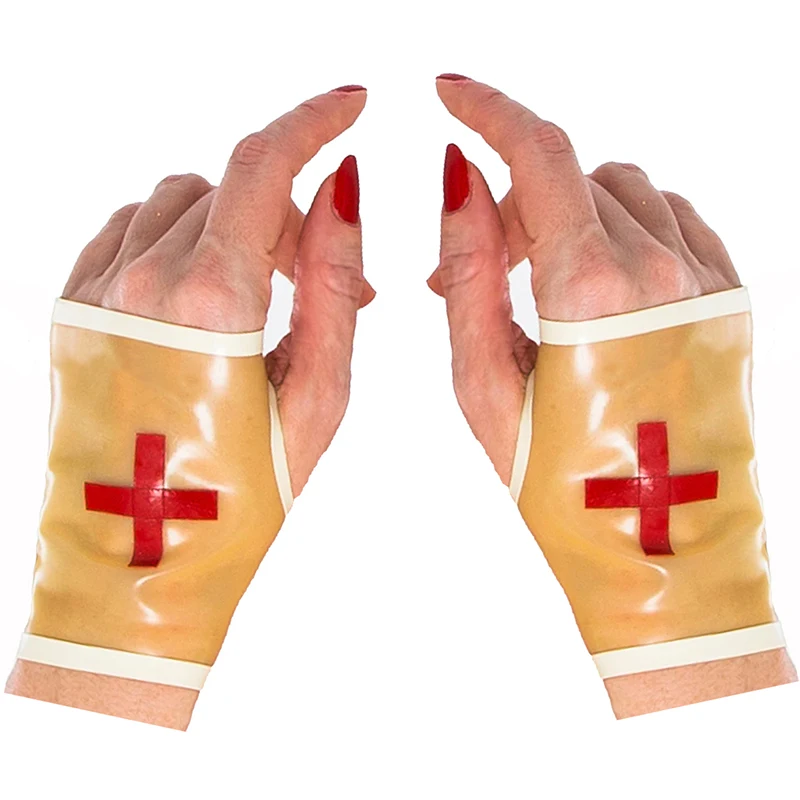 

Transparent And White Red Cross Mini Short Latex Gloves Rubber Gauntlets Mittens ST-0124