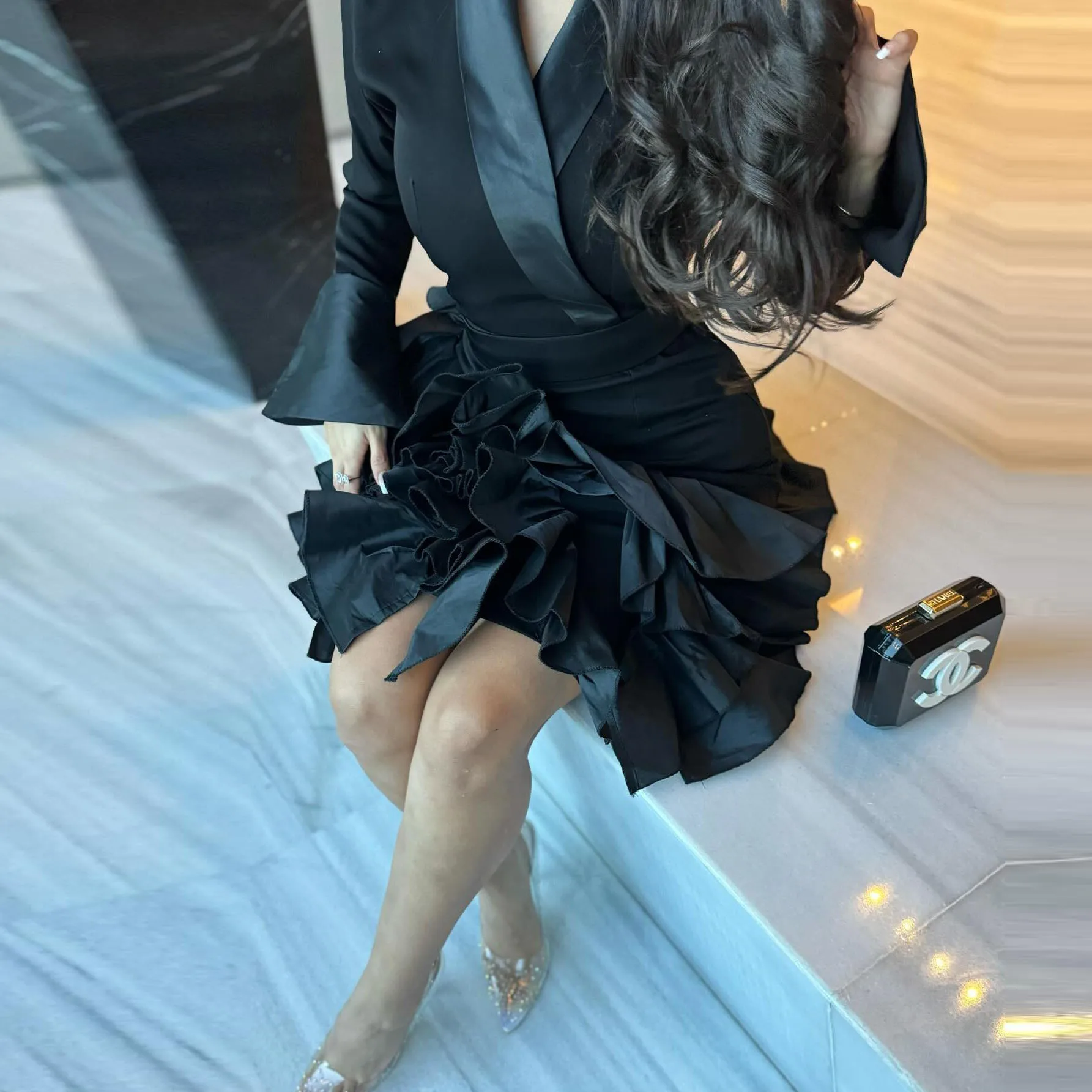 

Elegant Black Knee Length Women Blazer Dresses Flare Sleeves Ruffles Trimmed Modest Female Maxi Dress