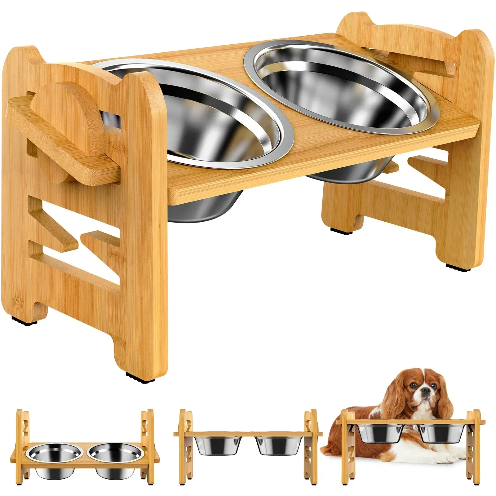 

Raised Feeder Holder Bamboo Puppy Bowls Stainless With Cat Stand Dog Elevated Adjustable Food Water Pet Tilted Accessories