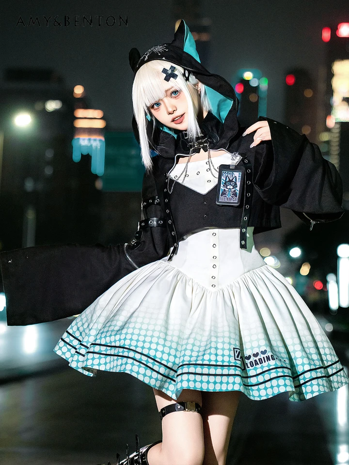 Lolita Cat Ears Hooded Jacket Punk Style Dress Sets Polka
