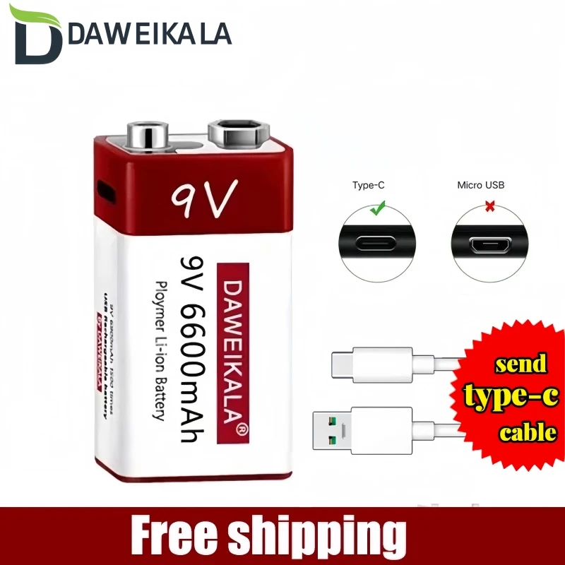 9V 6900mAh cycle charging Lithium Ion Rechargeable Battery,For Camara Multimeter Toy KTV microphone metal detector + Cable