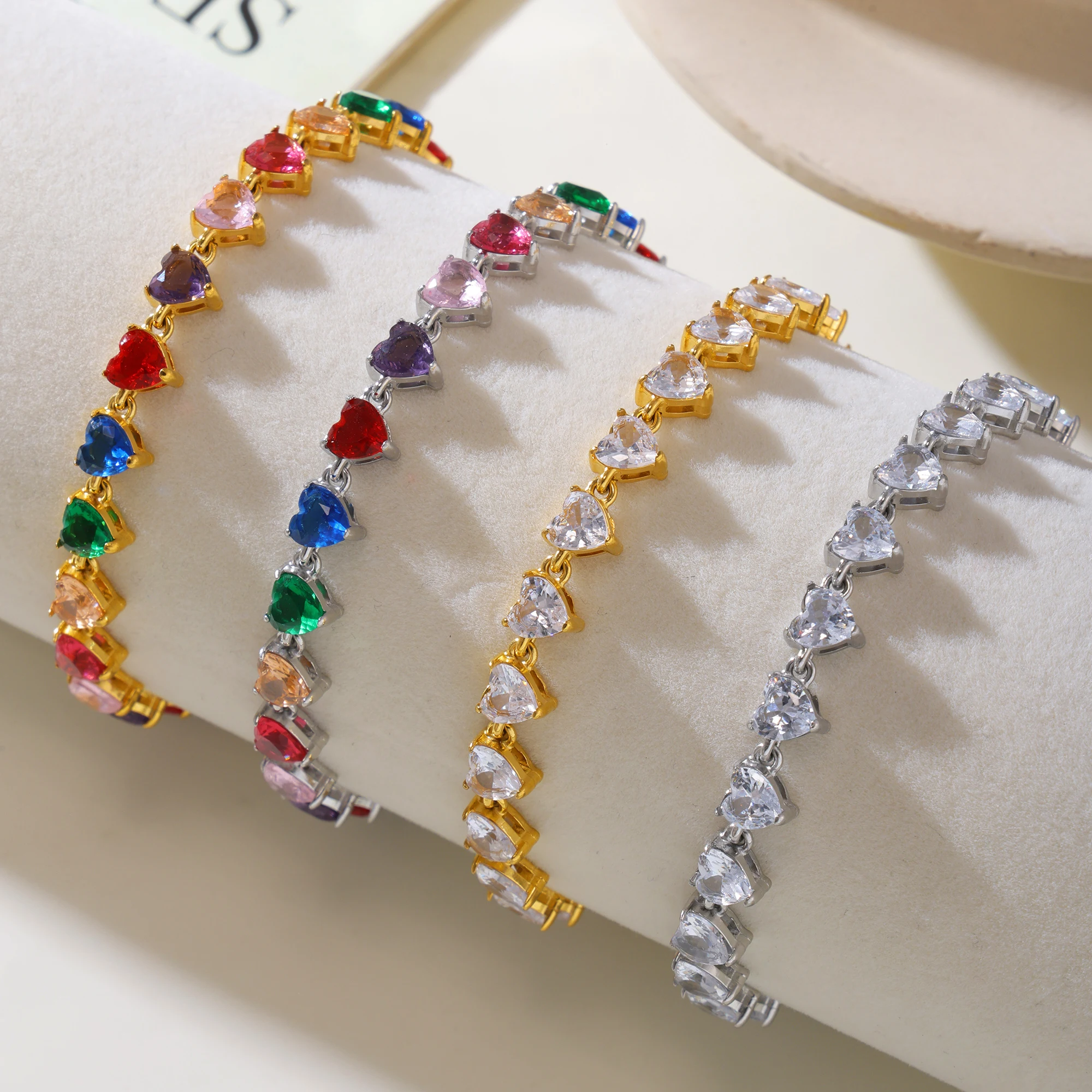 Buntes Herz Liebe Zirkonia Damen Halskette Armband Luxus Edelstahl Halsband Wasserdicht Charm Bankett Hochzeit Schmuck – Detail 3