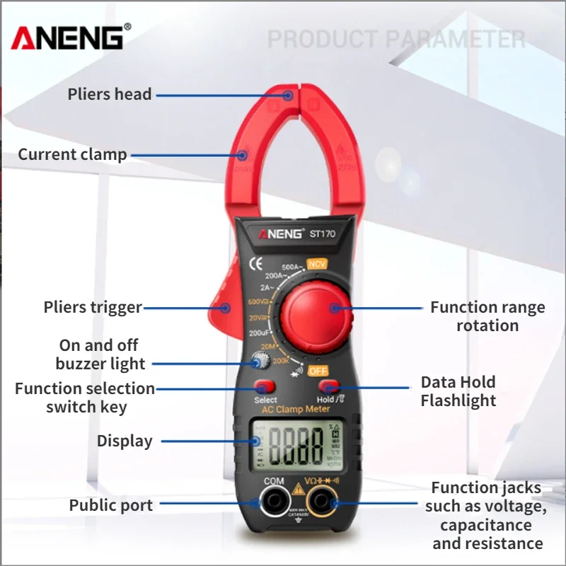 ANENG ST170 스마트 클램프 계량기, 1999 카운트 자동 범위 디지털 멀티미터 LCD 화면, AC DC 전압 계량기 AC 전류 테스터