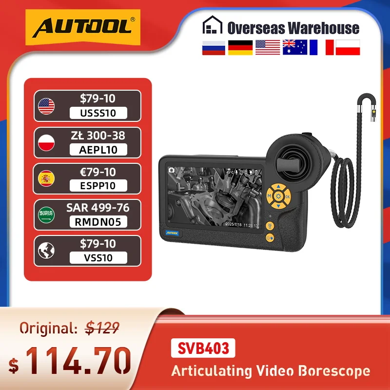 AUTOOL SVB403 1080*720 HD 듀얼 자동차 배관 카메라 비디오 내시경 4.3인치 210 °   32GB 메모리 카드를 갖춘 회전 검사 카메라