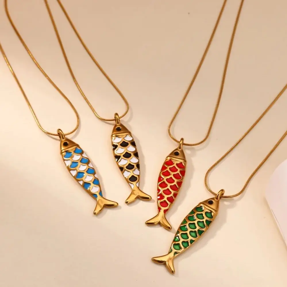 Enamel Fish Pendant Necklace Women, Men