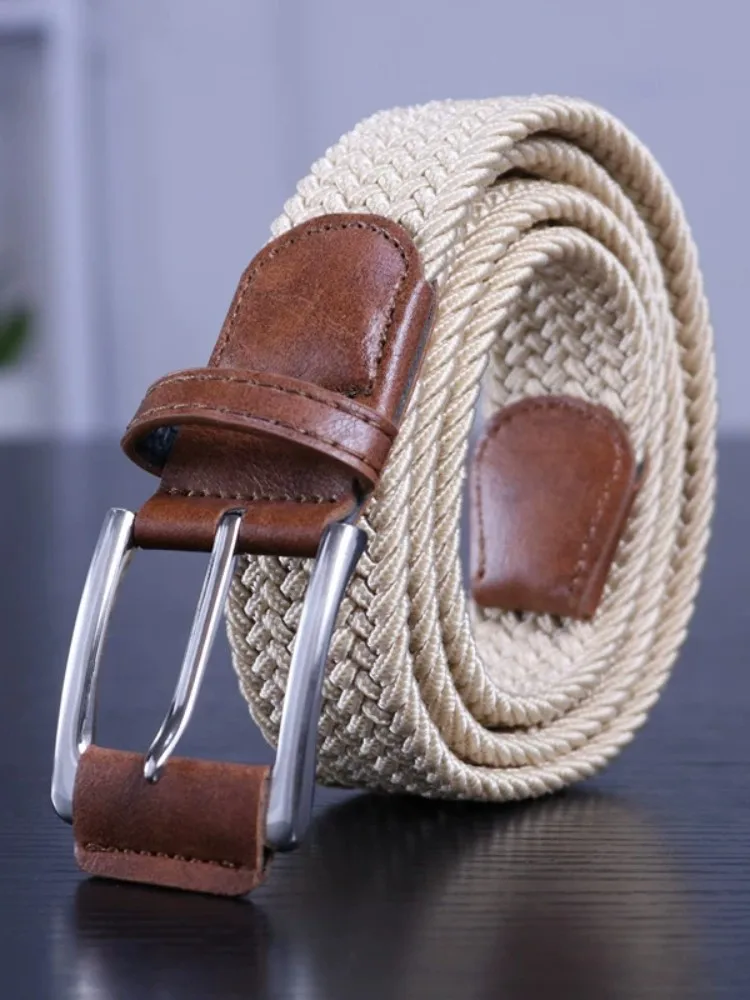 Unisex-Leinengürtel, elastischer Stoff, gewebt, hochwertige Damengürtel für Jeans, männliche Dornschließe, erweiterbar, geflochten, Stretch, lässige Riemen – Detail 7