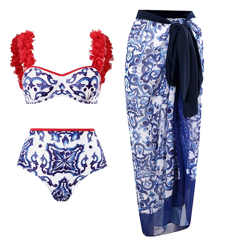 2023-new-swimsuit-beach-three-piece-set-blue-snd-white-porcelain-printed-high-waist-separate-body-red-petal-chinese-style-bikini