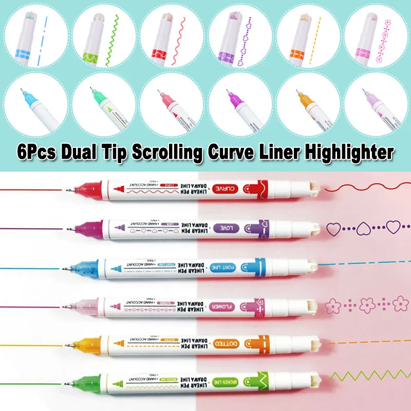6Pcs Set Single Dual Tip Scrolling Curve Liner Highlighter Wave Line Love Stamp Office Scrapbook Graffiti Art Marker Roller Pen