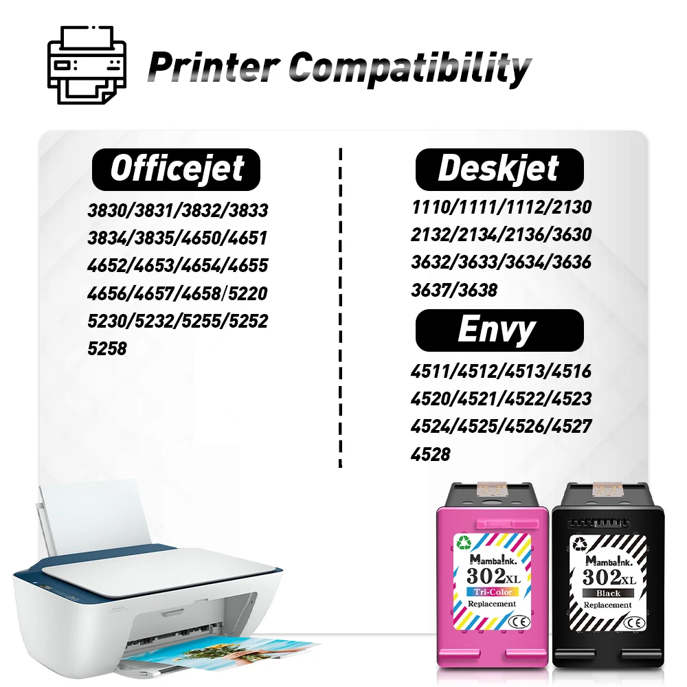 Mambaink 302 XL Remanufactured For HP 302 XL HP302 HP302XL Ink Cartridge For HP Envy 4510 Deskjet 3630 3634 3638 3639