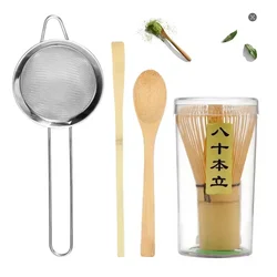 Handmade Bamboo Matcha Whisk Set with Accessories - Includes Tea Scoop, Deep Scoop, Strainer, and Clear Storage Holder (A - 03)