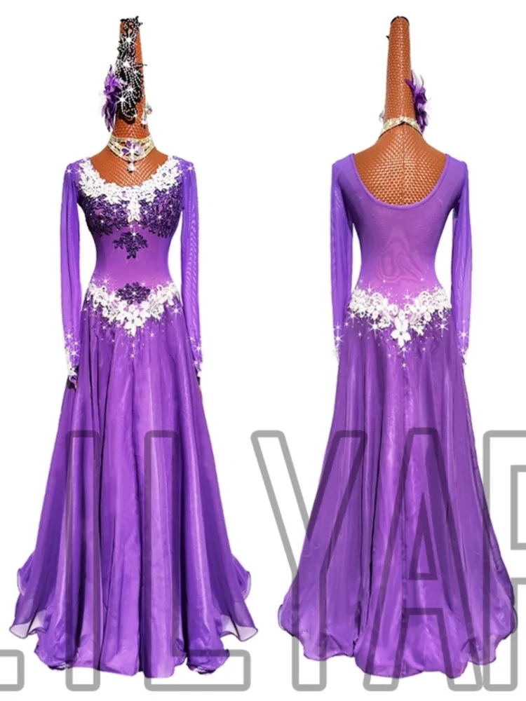 

New Modern Competition Performance Dress Purple Elastic Mesh White Embroidered Sparkling Diamond Long Dance Skirt