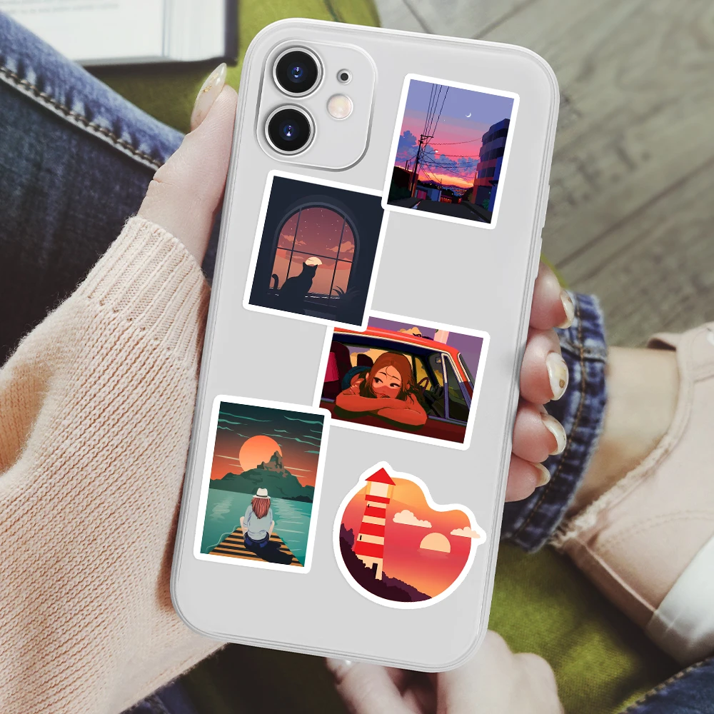 Aesthetic Sunset Illustration Arts Stickers DIY Toys Gift Waterproof Decal for Scrapbook Laptop Phone Luggage Bottles Decorative