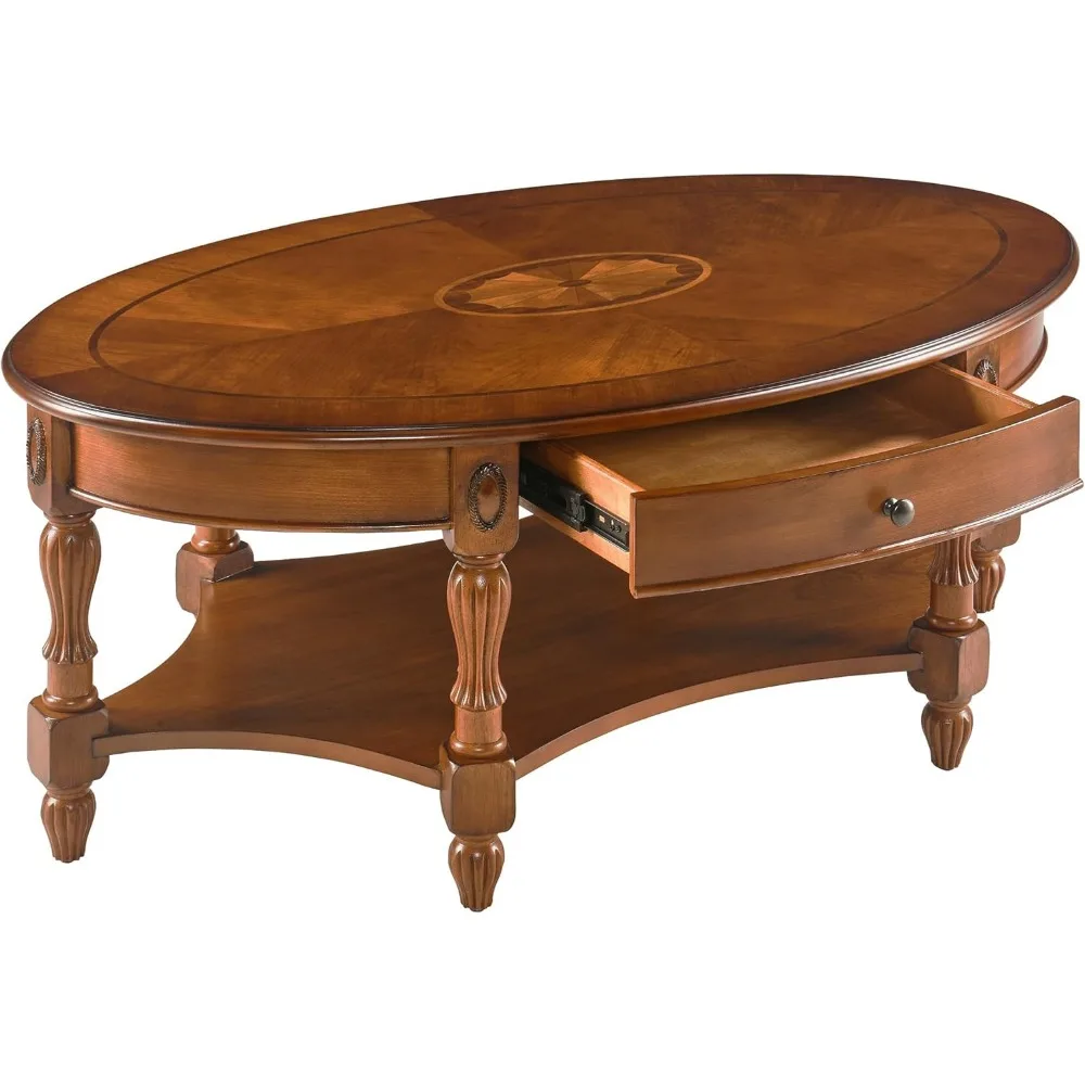 Traditional Wood Oval Coffee Table with Drawer, Beewax Living Room Cocktail Tea Table with Storage Shelf Center Table with Carv 5