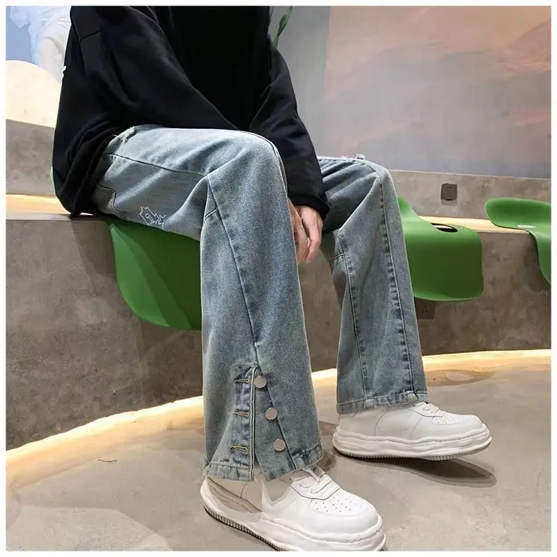 Pánské kalhoty s vyšívaným písmenem, hip hop, volné, ležérní, nové, s rozbitými otvory, streetwear, rovné džínové kalhoty, mužské kalhoty Y2K, pytlovité džíny_voghion.com