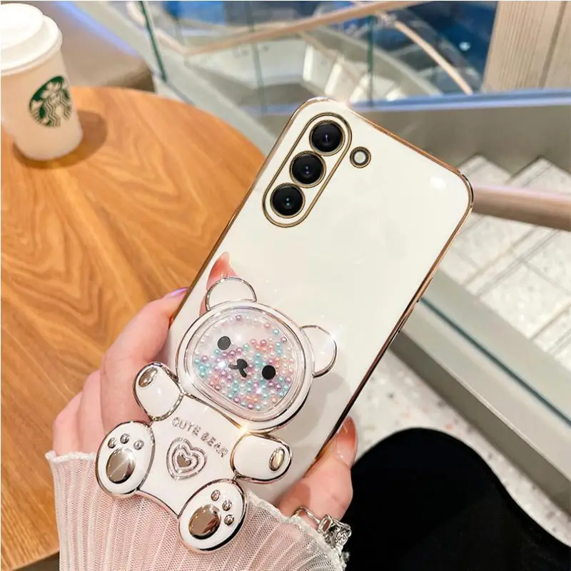 Coque de téléphone plaquée avec support d'ours mouvant, étui mignon pour Samsung Galaxy S23 S21 S20 S22 S10 Note 10 20 23 Plus Ultra S21Fe_voghion.com