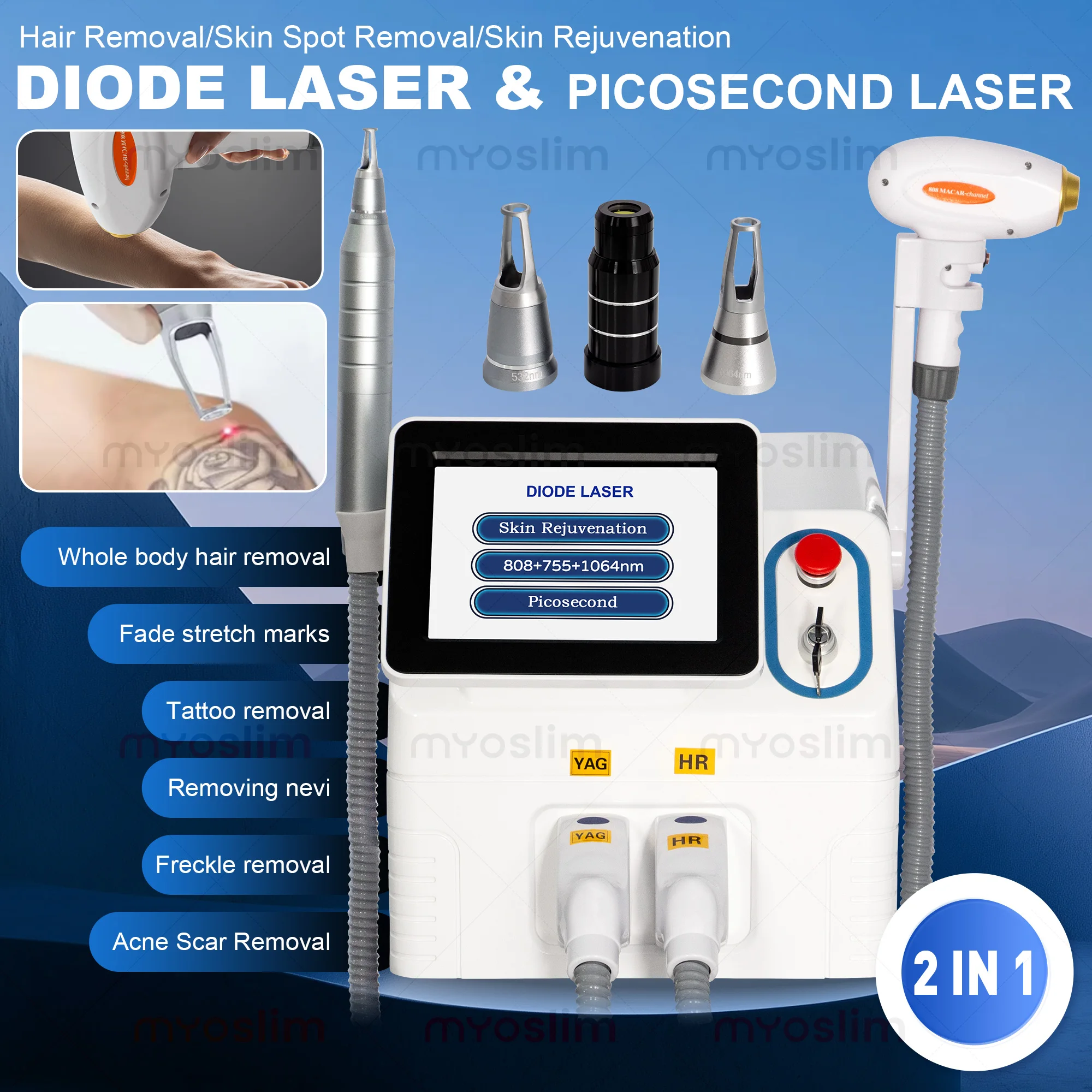 Máquina Láser 2 en 1 de 808nm, Láser de Picosegundos Profesional para Eliminación de Tatuajes, Depilación Permanente, Máquina de Belleza con Láser de Diodo 808