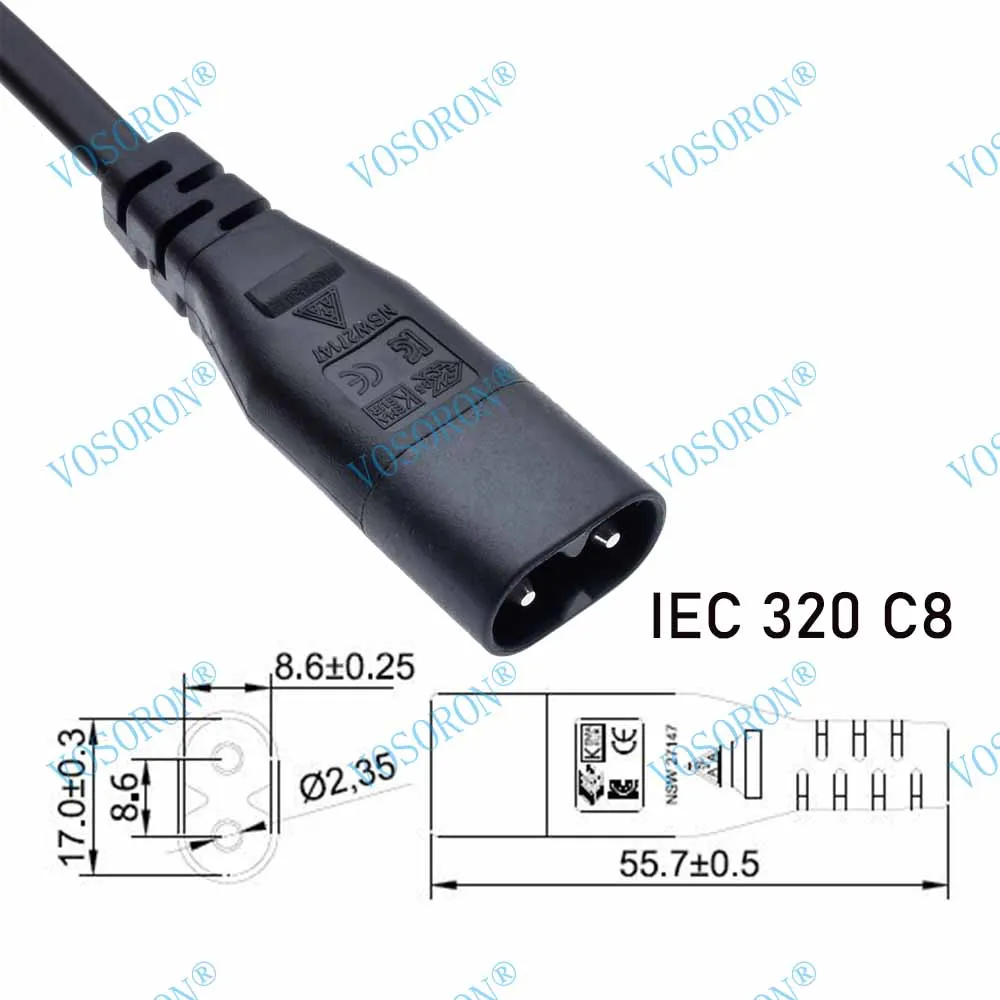 Universal IEC 320 C8 to C7 AC Power Extension Cable, Type Figure 8 Adapter Cord