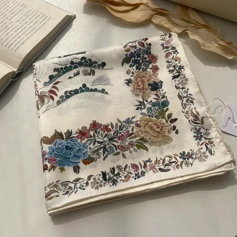 100% 뽕나무 실크 스카프 여성용, 90x90cm 사각 숄, 랩 탑 프린트 터번 헤드 스카프, 히잡 헤어 타이 리본, 패션 디자이너