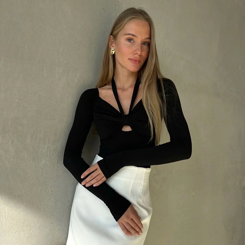 BKLD Clothes For Women2023 Autumn Winter New Long Sleeve Y2k Top Off The Shoulder Halter Neck Hollow Out Slim Fit Bodysuit
