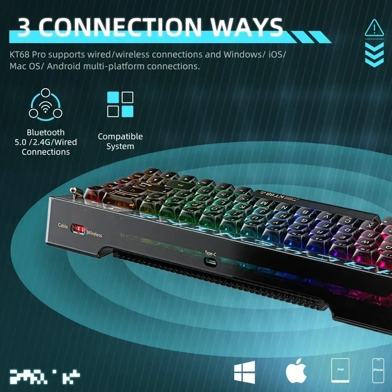 KT68 프로 기계식 키보드, 스크린 68 키, 3 모드 무선 키보드, TTC Kailh 스위치, 핫 스왑 RGB, PC 노트북 남성용 선물