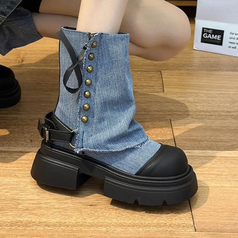 

Cowboy Chelsea Boots Women Short Boot Slip on Thick Bottom Platform Shoes Rivet Belt Buckle Winter Blue Western Jeans Boots Lady