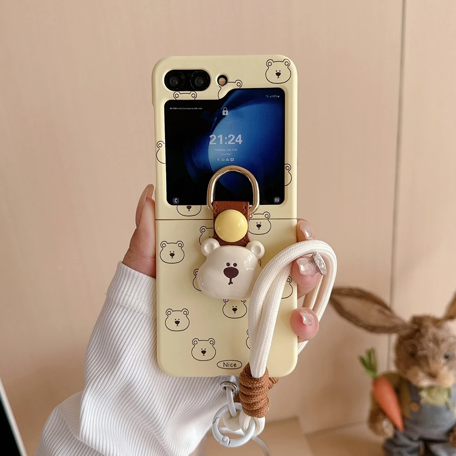 Charming 3D Bear Hand Strap Case with Lanyard Ring Holder - Shockproof Flip Cover