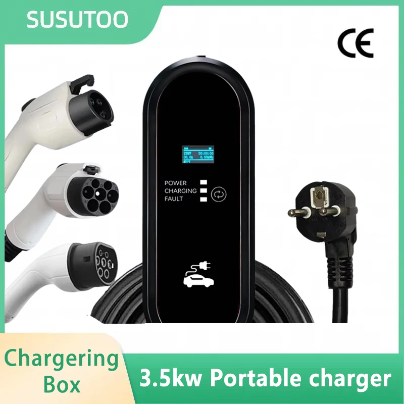 3.5KW Portable EV Charger Type2 IEC62196 EVSE Charging Cable G/BT Type1 SAE J1772 Controller Wallbox for Electric Car