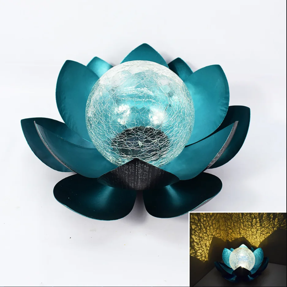 Solar Lights Outdoor Garden Crackle Globe Glass Lotus Decoration Waterproof LED Metal Flower Lights for Patio Pathway Lawn Decor