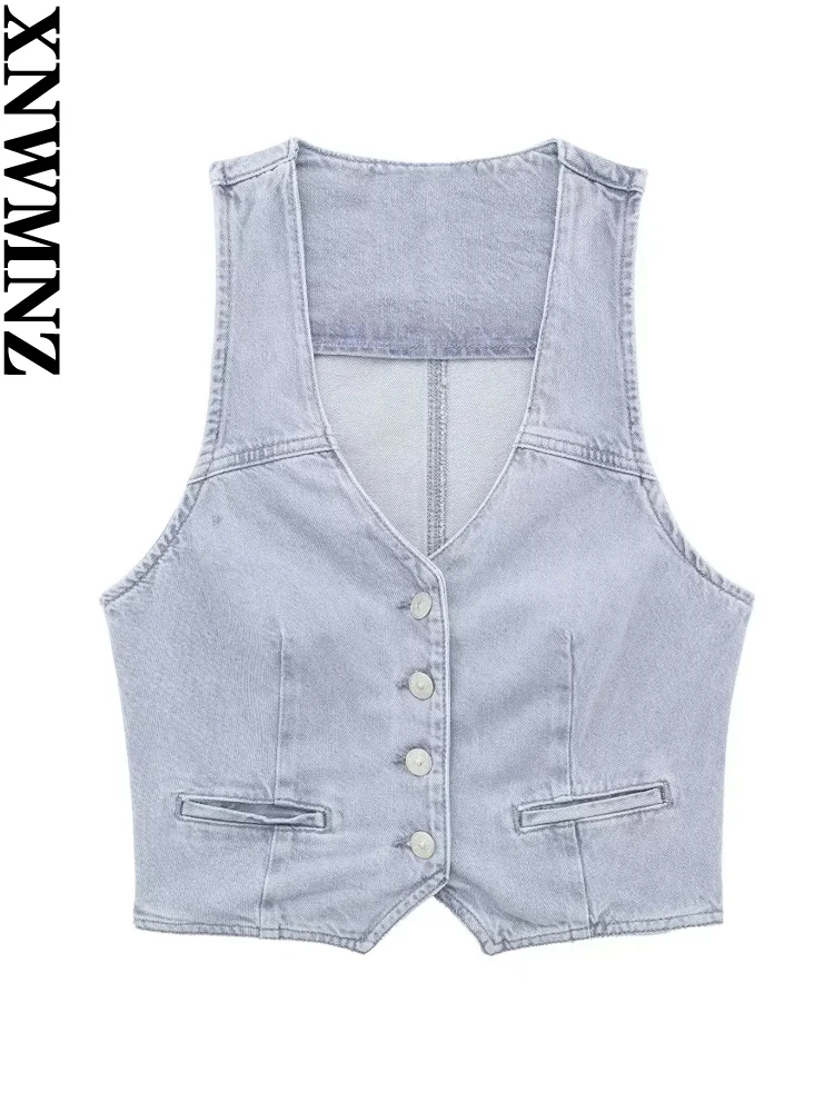 

XNWMNZ Женская мода 2023 Джинсовый укороченный жилет женский винтажный V-образный вырез Передняя пуговица Универсальный женский шикарный топ