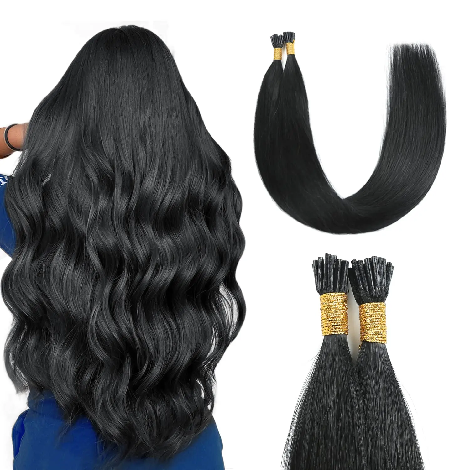 

Straight I Tip Hair Extensions Human Hair #1B Natural Black Human Hair Remy Itip Human Hair Extensions 50g/Pack/50Strands