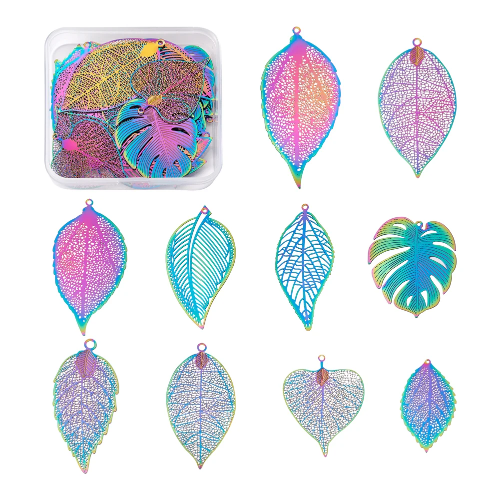 

1 Box 201 Stainless Steel Filigree Pendants Leaf Multi-color Etched Metal Embellishments Earring Charms Decor DIY Jewelry Making