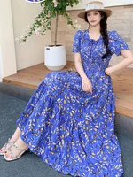 Summer New Cotton Silk Floral Print Maxi Dr ort Sve Beachwear High Waist Young Women's Large Skirt Swing Dr - Image 3