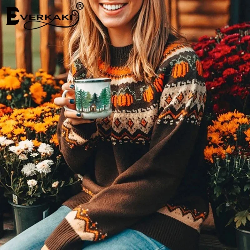 

Everkaki Boho Pumpkin Knitted Pullovers Women Christmas Jumper Halloween Soft Warm Sweater Loose Knitwear 2022 Autumn Winter Top