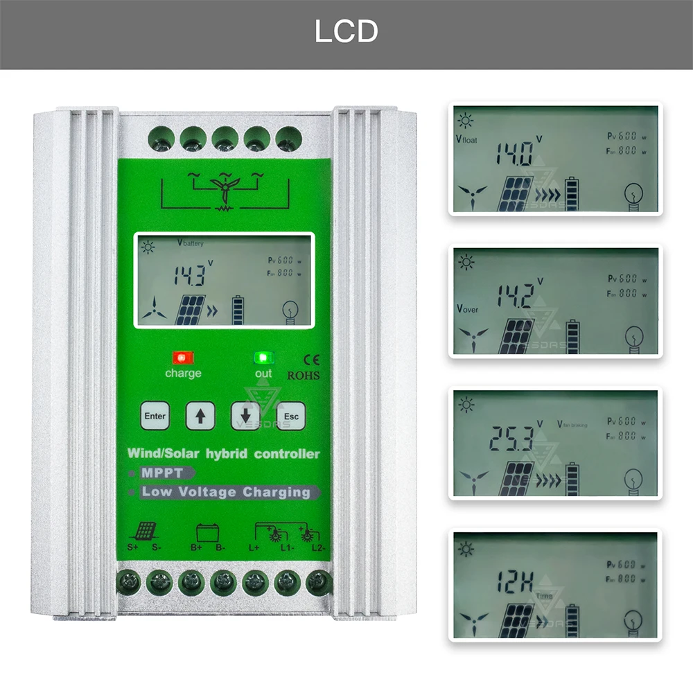 550-1400W Optional 12V/24V Smart MPPT Booster Wind Solar Hybrid Charge Controller for Wind 0- 800W Solar 0- 600W With Dump Load