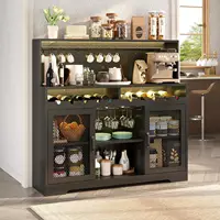 Wine Bar Cabinet with LED Light, Liquor Cabinet with Glass Holder,Storage with Wine Racks,Wine Cabinet with Mesh Door (Black) 4