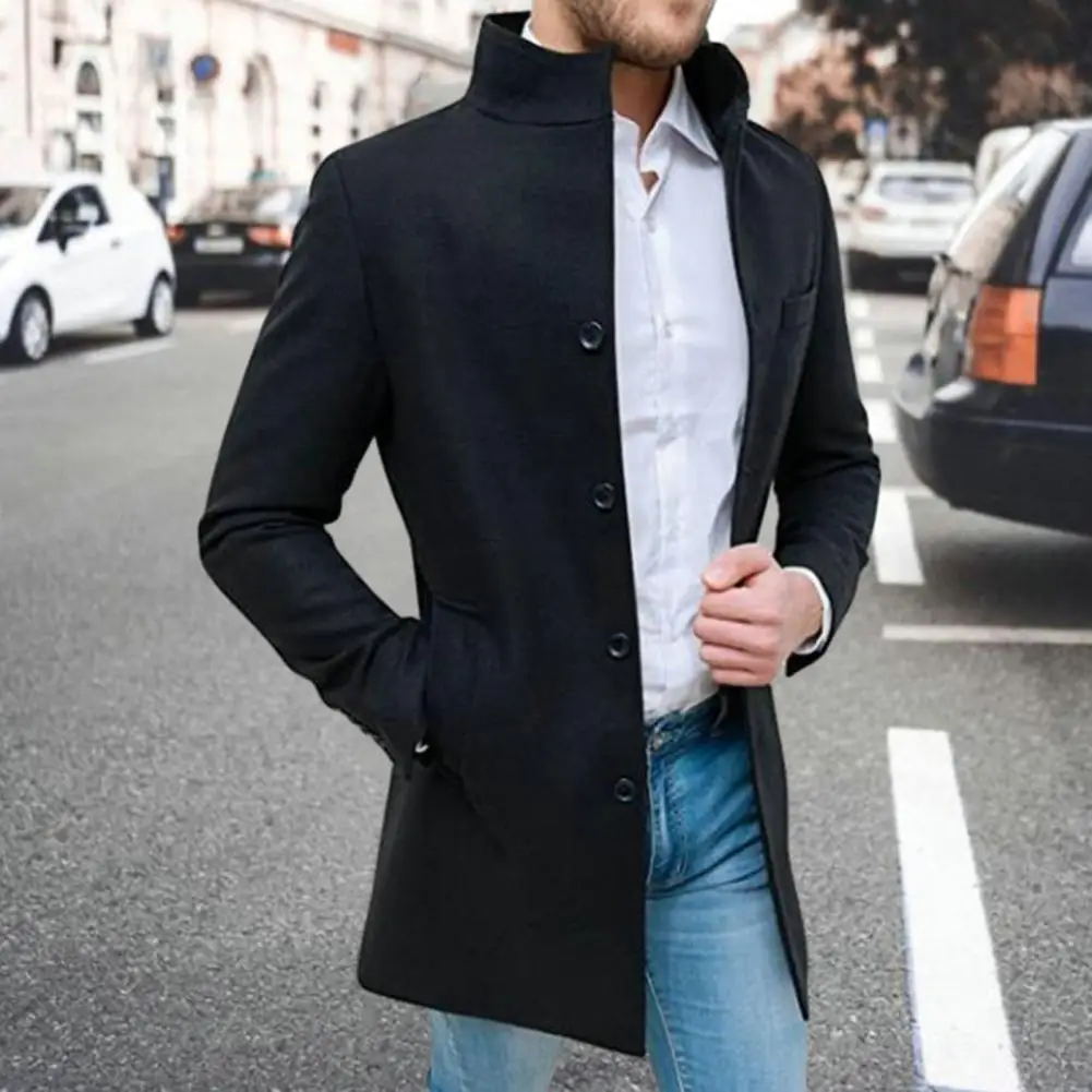 Men Fall Winter Coat Stand Collar Mid Length Single-breasted