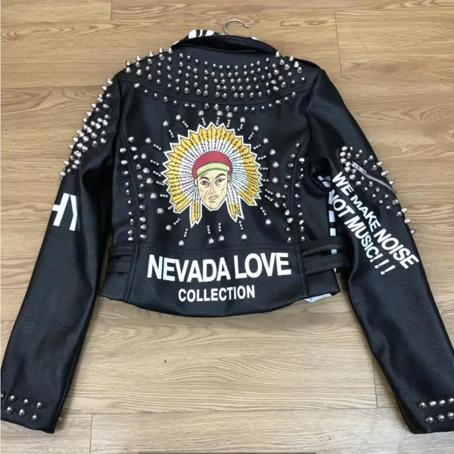 

New cartoon rivet beading pu leather coats Women letters Leather Jacket Punk Rock Cropped Jackets F2017 dropship