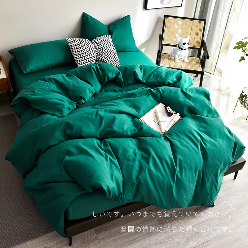 Bed Linen Bedding set Washed Cotton Four-Piece Bed Sheets Set Solid Color Green Simple Bed Quilt Cover Comforter Cover Duvet 2