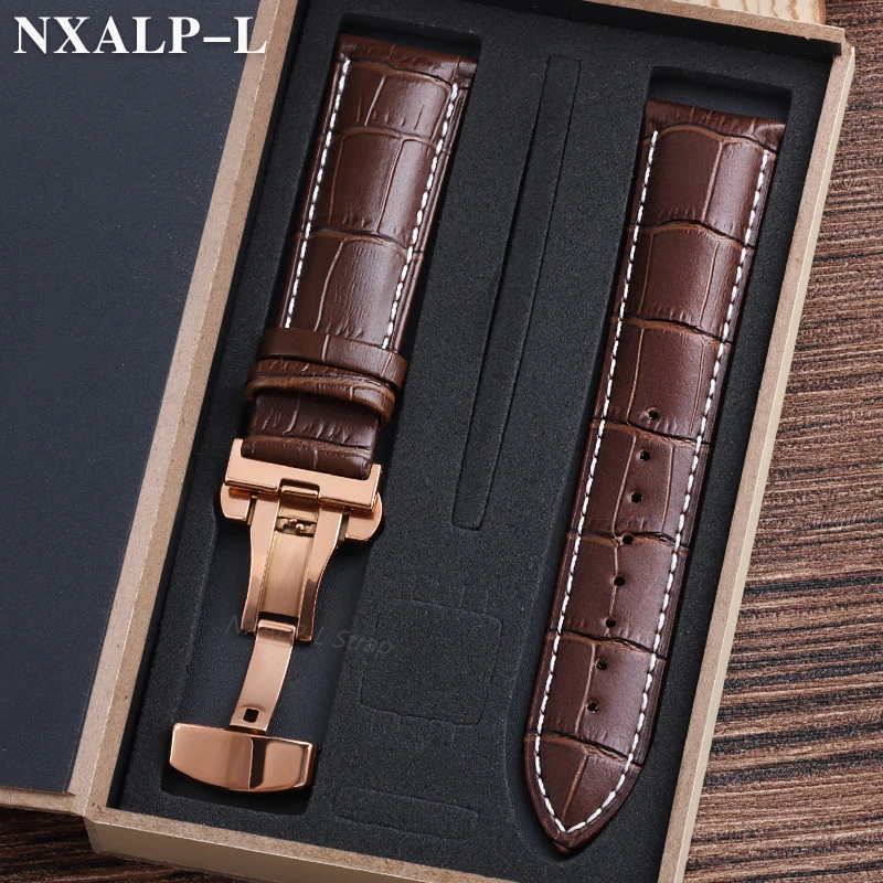 Luxurious Genuine Leather Watch Strap with Elegant Butterfly Clasp and Wooden Gift Box