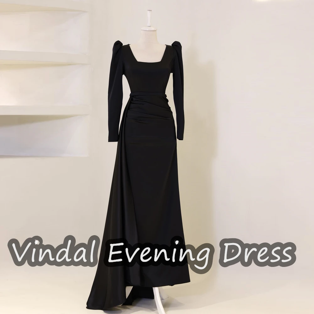 

Vindal Ruffle Square Necklin Floor Length Evening Dress Satin Elegant Built-in Bra Saudi Arabia Long Sleeves For Woman 2024