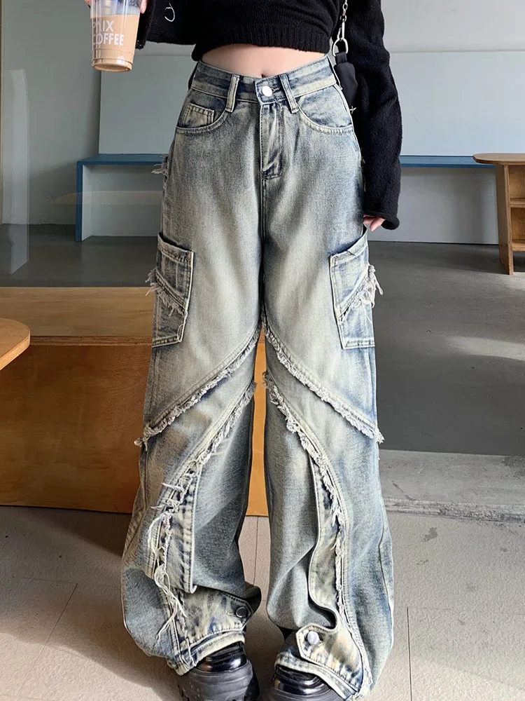 

Повседневные джинсовые брюки в стиле пэчворк с необработанными краями и высокой талией, свободные длинные брюки с широкими штанинами, Новинка осени 2023, модная женская одежда