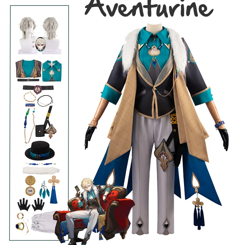 

Aventurine Cosplay Honkai Star Rail Costume Wrist Watch Hat Fur Collar Gloves Full Set Game Cos Halloween Carnival Party Costume