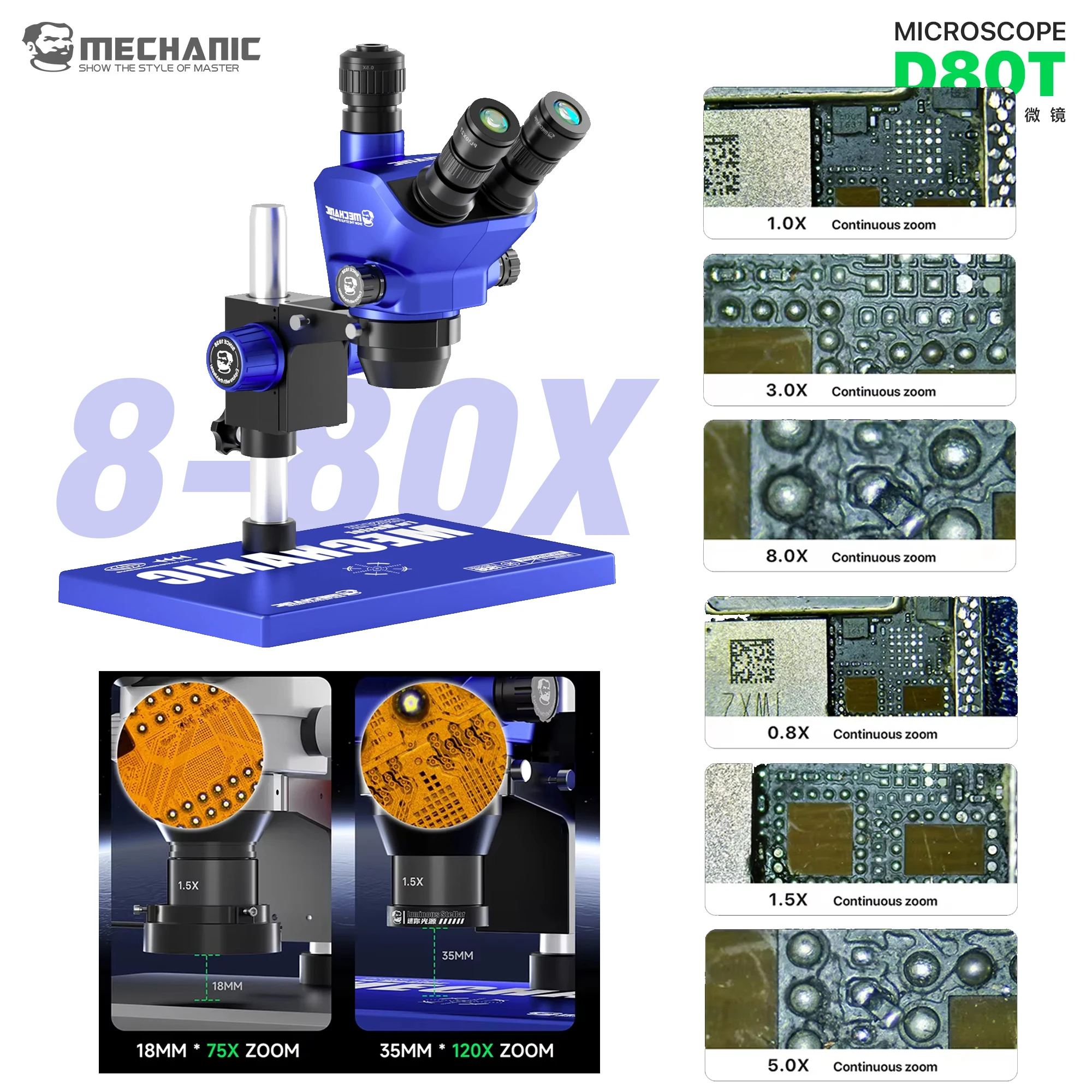 MECHANIC D80T-B5 삼안 실체 현미경 8-80X 연속 줌 PL10x27 광시야 접안렌즈 카메라 어댑터