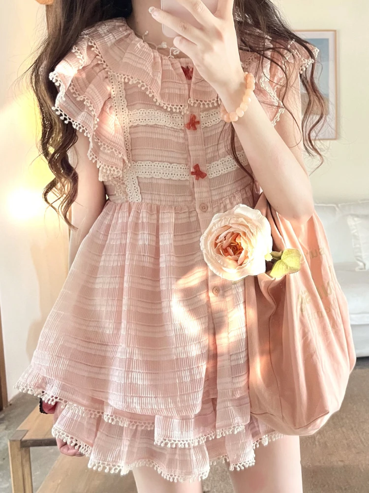 PinkJapaneseKawaiiTwoPieceSetWomenBowSweetCutePartyMini