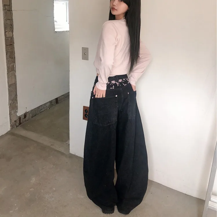 하이웨이스트 사쿠라 자수 와이드 레그 진 캐주얼 스트레이트 컷 롱 코튼 데님 팬츠 여성용 봄 시즌 블랙 컬러
